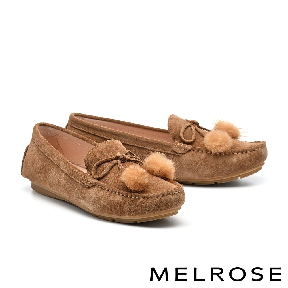 平底鞋 MELROSE 美樂斯 沉穩時尚毛球蝴蝶結牛麂皮樂福平底鞋－棕