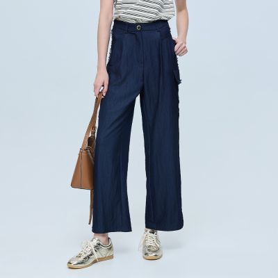 ILEY伊蕾 甜酷蕾絲造型工裝寬直筒長褲(深藍；M-XL)