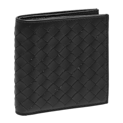 BOTTEGA VENETA 經典編織小羊皮直立式摺疊短夾(黑色-6卡)