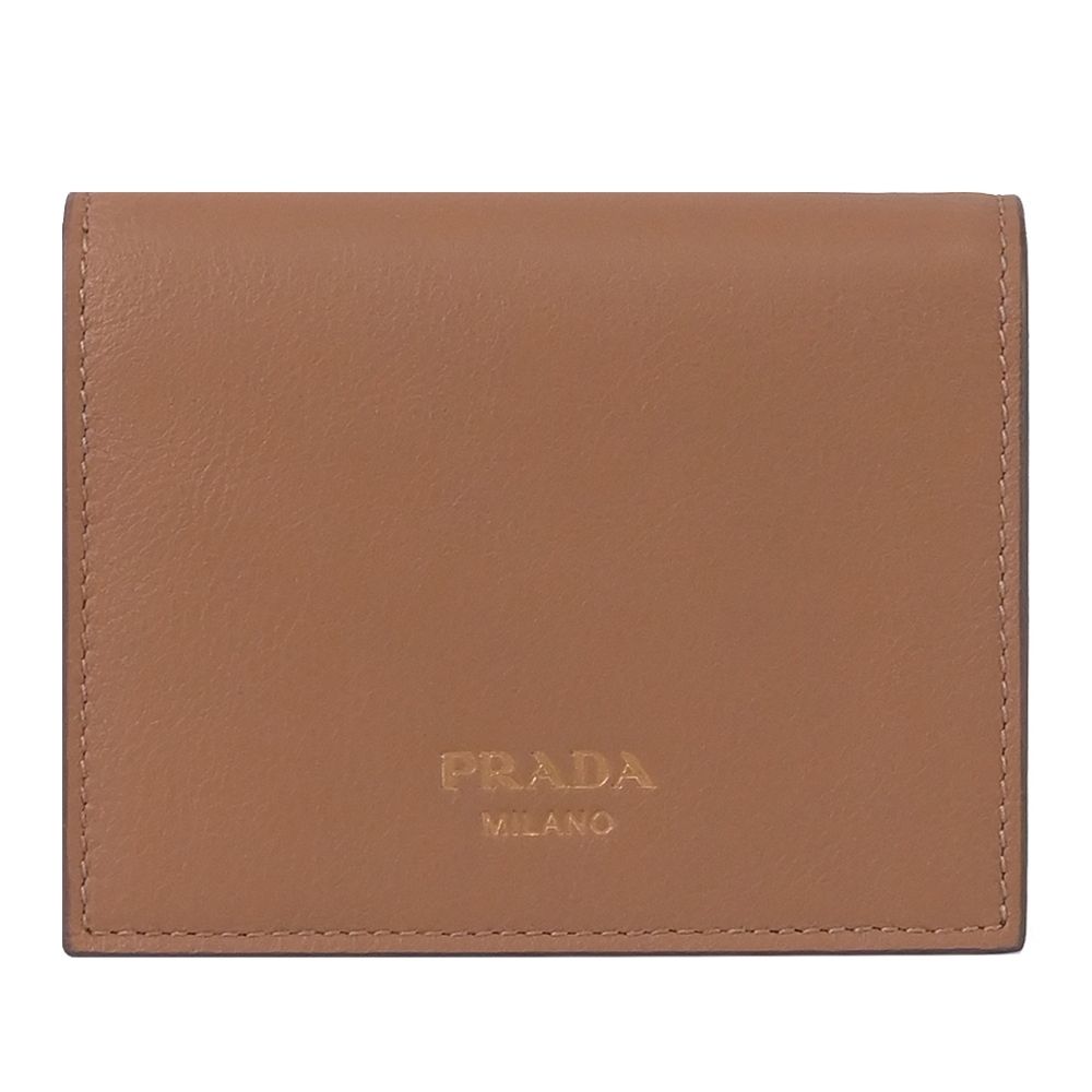 PRADA 經典燙金烙印LOGO牛皮對開扣式零錢短夾(咖)