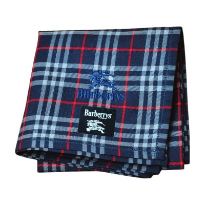 BURBERRY 巴寶莉經典格紋戰馬刺繡LOGO帕領巾(深藍格系/45CM)