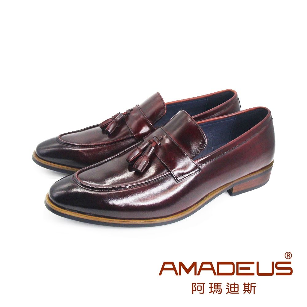 AMADEUS(男)牛皮尖頭時尚紳士樂福皮鞋 男鞋-酒紅色
