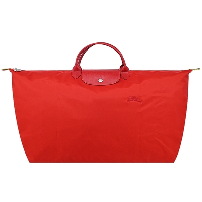LONGCHAMP LE PLIAGE GREEN系列刺繡短把再生尼龍摺疊旅行袋(特大/番茄紅)