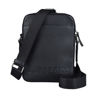 BURBERRY 巴寶莉 THORNTON烙印字母LOGO荔枝紋牛皮拉鍊斜背包(黑)