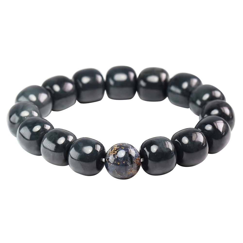 漢石齋】天然和田玉手珠手串墨玉青花配瑪瑙珠(13-14mm/15+1pcs) | 漢石