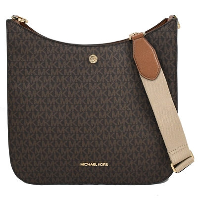 MICHAEL KORS BRILEY 金屬LOGO滿版品牌MK印花斜背包(深咖-全新福利品)
