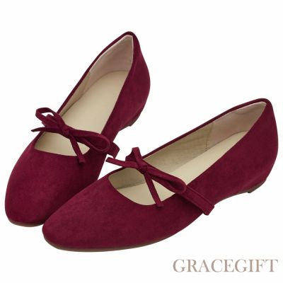 【Grace Gift】日常可愛感蝴蝶結瑪莉珍內增高平底鞋 深紅