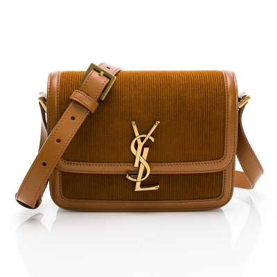 YSL Solferno 金屬LOGO燈芯絨小方包/斜揹包 (小款/棕色直紋)