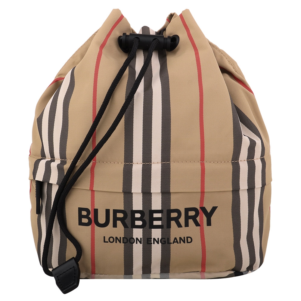 BURBERRY 巴寶莉   字母標誌條紋手挽帶抽繩小水桶包(深卡其)