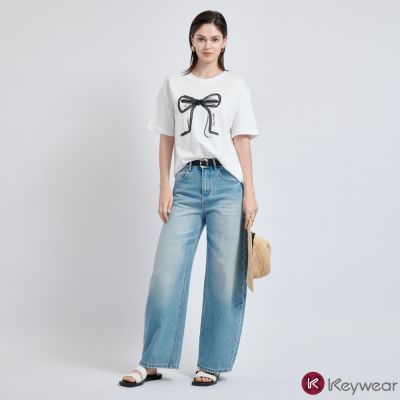 KeyWear奇威名品    顯瘦刷白高腰牛仔寬褲-藍色