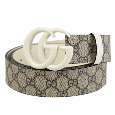 GUCCI GG Marmont 經典雙G塗層LOGO皮帶釦印花皮革穿釦式皮帶(駝/白邊)
