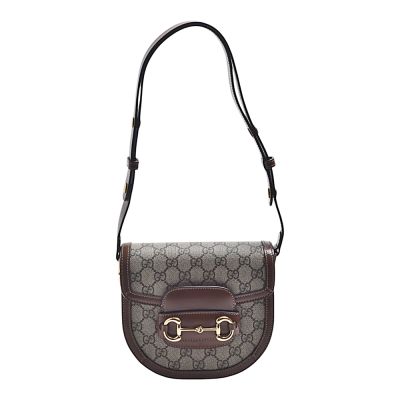 GUCCI 經典1955 Horsebit 1955系列GG Supreme帆布皮革飾邊圓形肩背/斜背包(烏木色)