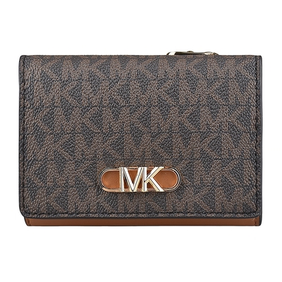 MK MICHAEL KORS PARKER縮寫字母LOGO滿版印花PVC 4卡三折釦式短夾(橡子棕x深褐)