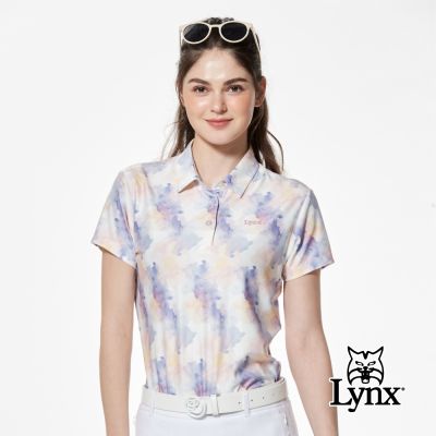 【Lynx Golf】女款吸濕排汗水墨渲染風格花紋短袖POLO衫/高爾夫球衫-粉紫色