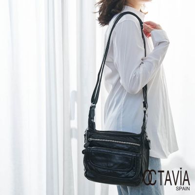 OCTAVIA 8 - 雲柔感 水洗牛皮多口袋肩斜二用包- 軟軟黑