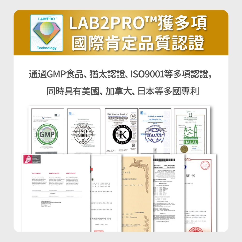 AB2PROTechnlogyLAB2PROT國際肯定品質認證通過GMP食品 猶太認證、 900等多項認證同時具有美國、加拿大、日本等多國專利GMPISO1  Kosher Service o    LCR HALALE