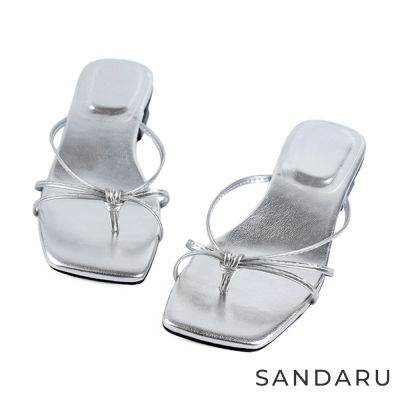 山打努SANDARU-拖鞋 優雅方頭扭結中跟鞋-銀