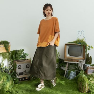 【MOSS CLUB】繭型工裝後開衩中長版裙 綠 駝