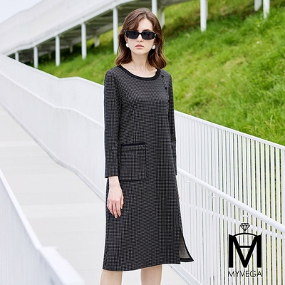 MYVEGA麥雪爾 MA開岔金絲格紋長洋裝-黑