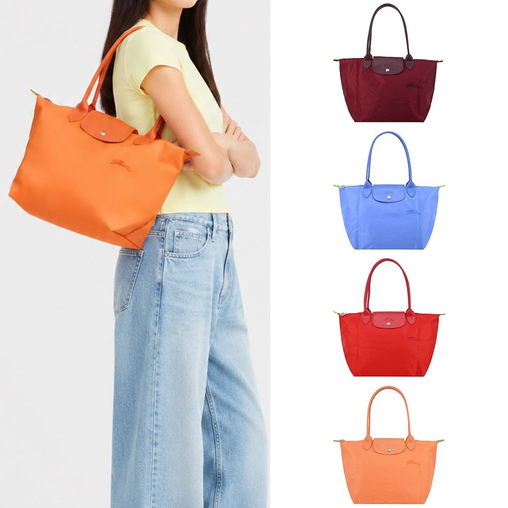 LONGCHAMP LE PLIAGE GREEN系列刺繡長把摺疊中型肩背水餃包(多色選)