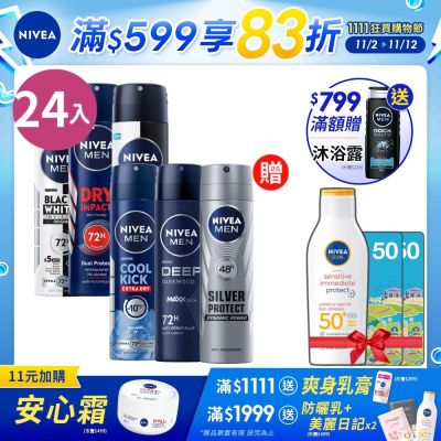 NIVEA 妮維雅 男士止汗爽身噴霧150ml-箱購24入組(男士長效止汗噴霧)