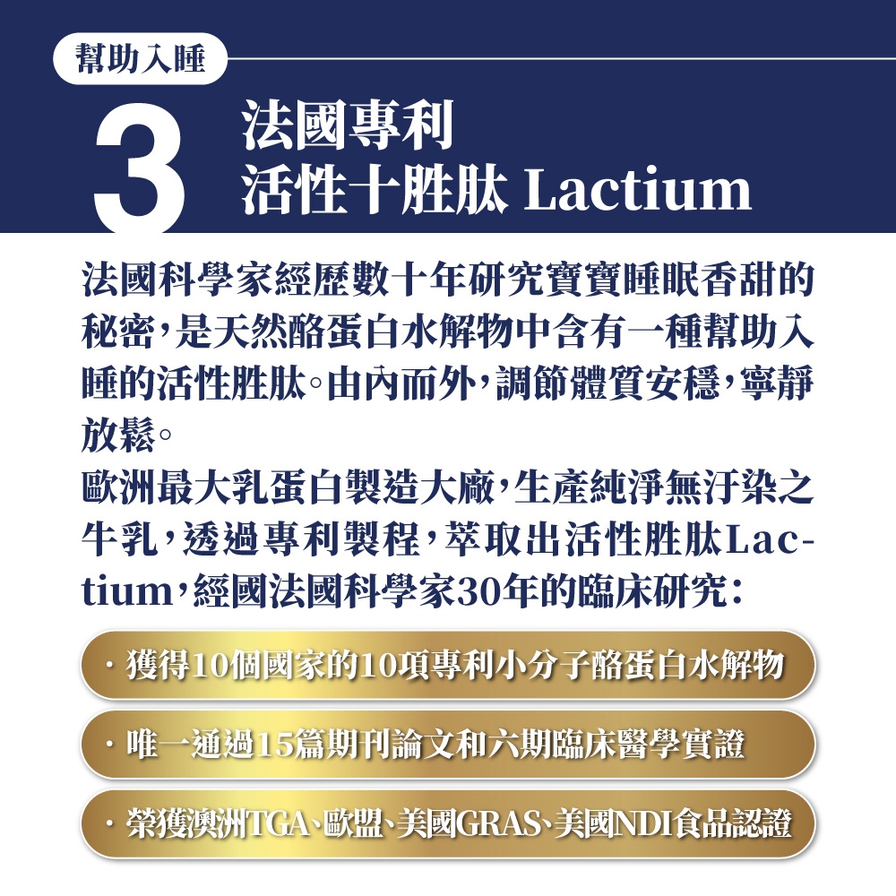 幫助睡3法國專利活性十胜肽 Lactium法國科學家經歷數十年研究寶寶睡眠香甜的秘密,是天然酪蛋白水解物中含有一種幫助入睡的活性胜肽。由內而外,調節體質安穩,寧靜放鬆。歐洲最大乳蛋白製造大廠,生產純淨無汙染之牛乳,透過專利製程,萃取出活性胜肽Lac-tium,經國法國科學家30年的臨床研究:獲得10個國家的10項專利小分子酪蛋白水解物·唯一通過15篇期刊論文和六期臨床醫學實證·榮獲澳洲TGA歐盟、美國GRAS、美國NDI食品認證