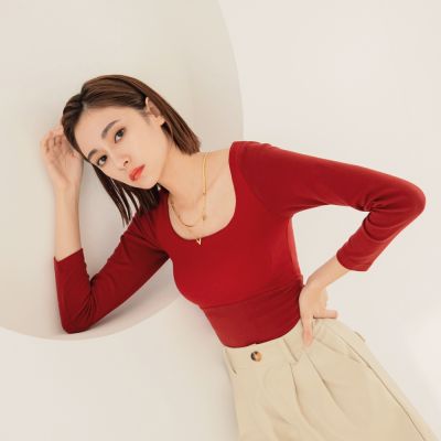 OB嚴選中大尺碼-小腰精系列。收腹美胸大U領保暖長袖BRA TOP《AB16269》