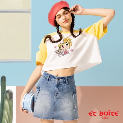 ET BOîTE 箱子 BLUE WAY – 拼色開袖貓咪芭比短TEE(黃)