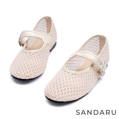 山打努SANDARU-瑪莉珍 法式透膚網紗平底芭蕾鞋-米白