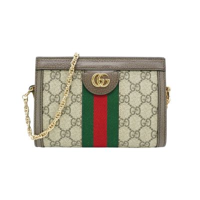 GUCCI Ophidia GG帆布印花皮革飾邊磁釦手拿/肩背包-mini(602676-棕)