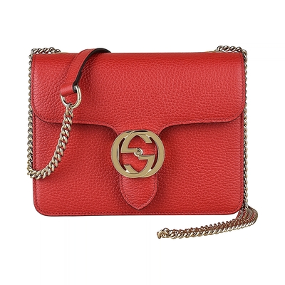 GUCCI 古馳 雙G金屬大LOGO牛皮鏈帶雙夾層扣式斜背包(迷你/暗紅)