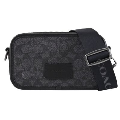 COACH 烙印皮革LOGO印花皮革雙層拉鍊斜背包(黑灰)