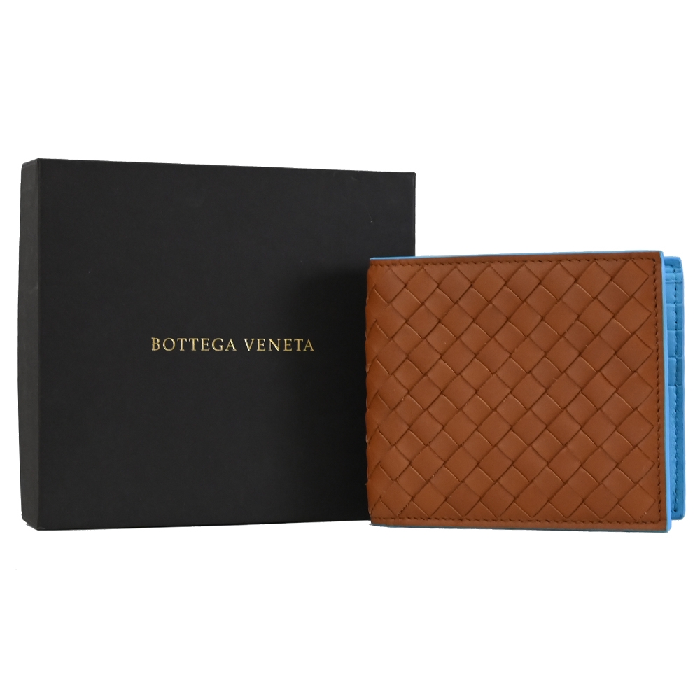 BOTTEGA VENETA經典編織拼色對開八卡短夾(咖/亮藍) | 歐系精品包/配件
