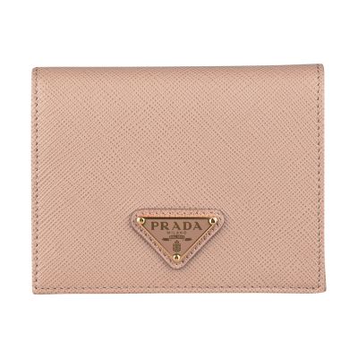 PRADA SAFFIANO TRIANG金屬三角LOGO十字紋牛皮4卡扣式對折短夾(灰塵粉)