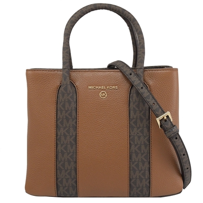 MICHAEL KORS   AUSTIN  金屬LOGO皮革飾邊滿版MK印花手提/斜背兩用包(咖/深咖)