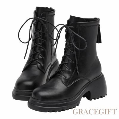 【Grace Gift】韓團必備圓頭輕量厚底綁帶短靴 黑