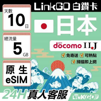 LINKGO白鑽卡 日本原生 eSIM卡 10天上網卡  總流量5GB 高速流量(日本網卡 沖繩 大阪 北海道 東京)