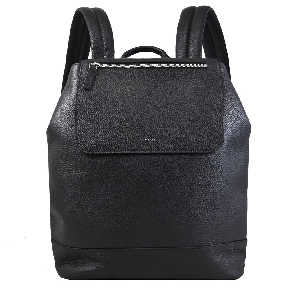 BALLY YORK POUCH 經典燙印LOGO荔枝牛皮翻蓋式商務雙肩後背包(黑)