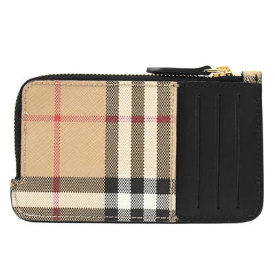 BURBERRY 巴寶莉  Somerset  經典格紋印花拼接小牛皮卡片拉鍊零錢包(卡其/黑邊)