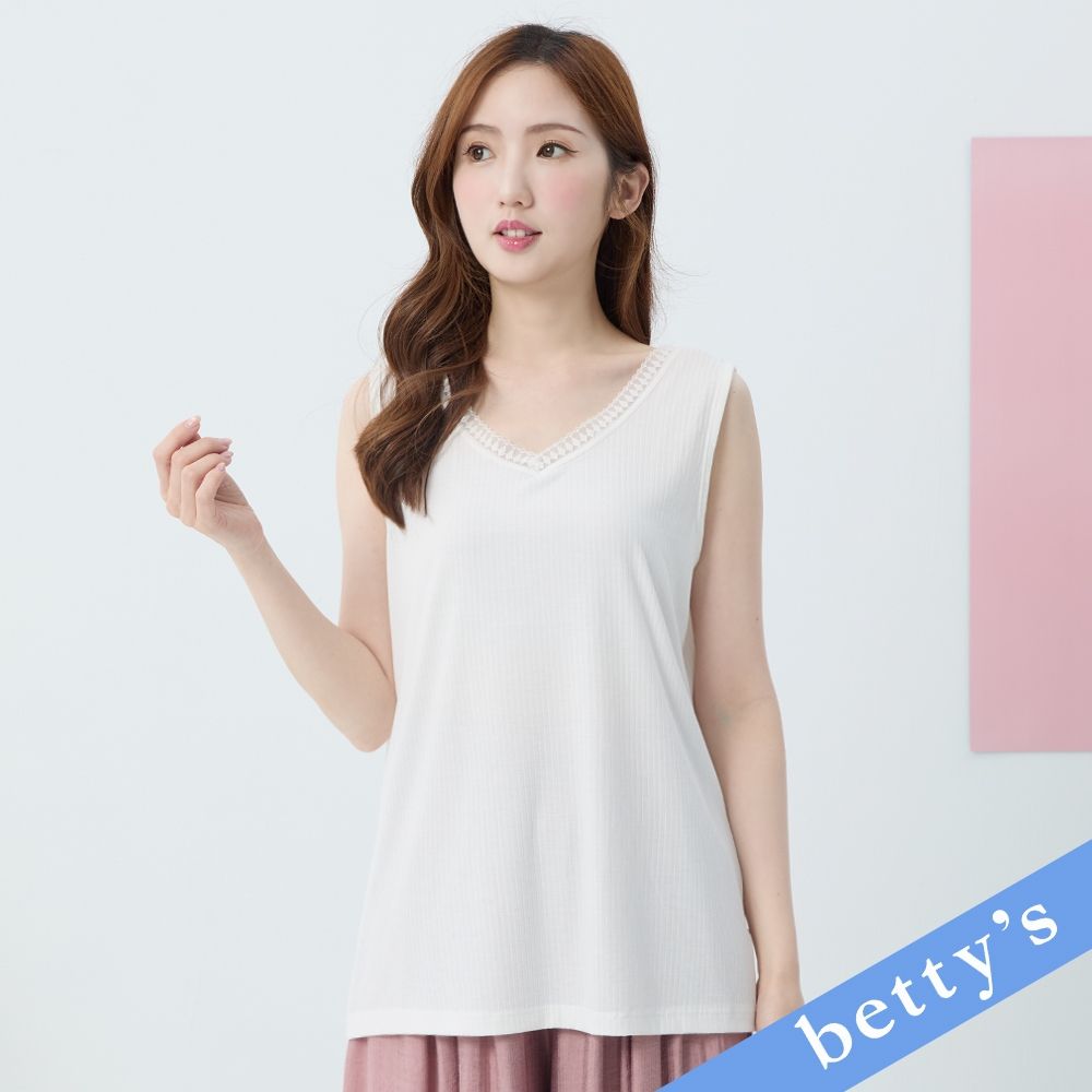 betty’s貝蒂思　優雅蕾絲拼接坑條無袖T-shirt(米白) (米白)