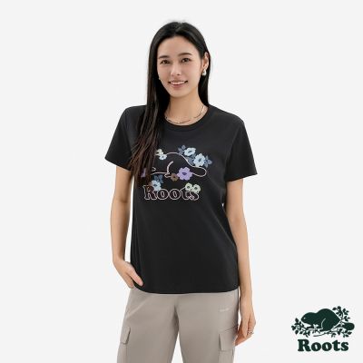 Roots 女裝- FLORAL BEAVER 短袖上衣-黑色
