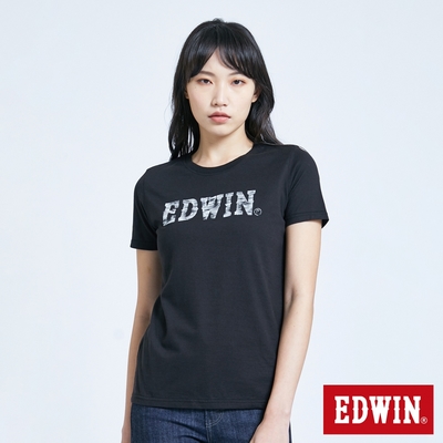 EDWIN 女裝 人氣復刻 花紗植絨LOGO短袖T恤-黑色