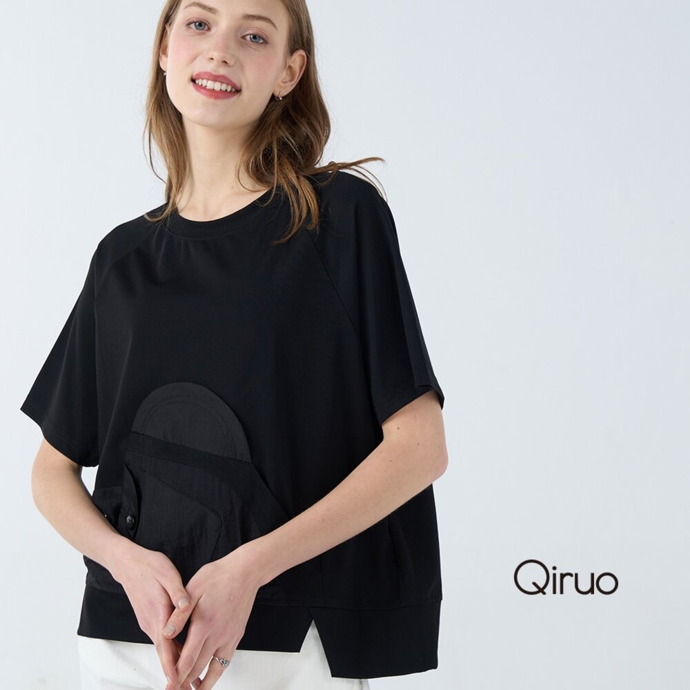 Qiruo 奇若春夏專櫃黑色上衣7022A 短袖圓領造型