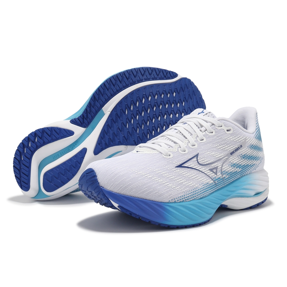 Mizuno 慢跑鞋Wave Rider 28 女鞋超寬楦灰藍波浪片回彈緩衝運動鞋