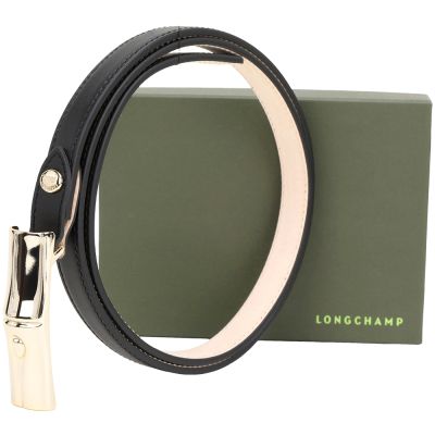 LONGCHAMP LE ROSEAU 竹節釦光滑牛皮細版腰帶(20mm/黑色)