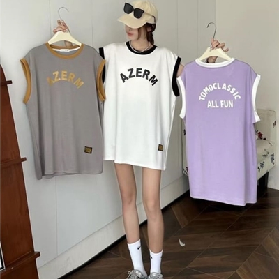 La Belleza韓版圓領撞色滾邊英文字印花舒適太空棉寬鬆長版背心裙