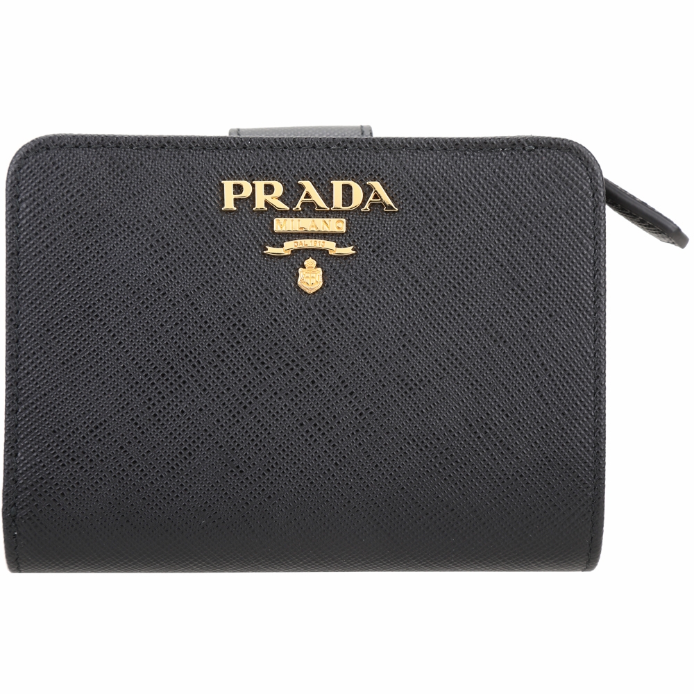 PRADA 普拉達 Saffiano 金字浮刻防刮牛皮6卡對折短夾(黑色)