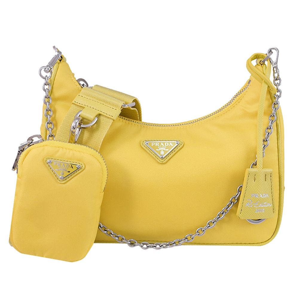 PRADA Re-Edition 2005 Re-Nylon 三角LOGO尼龍二合一肩/斜背包(亮黃)