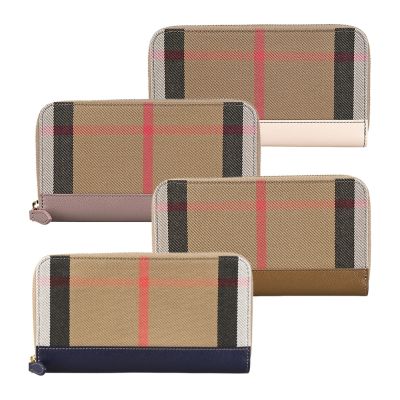BURBERRY 格紋棉織布LOGO拼牛皮12卡全拉鍊長夾(多色)