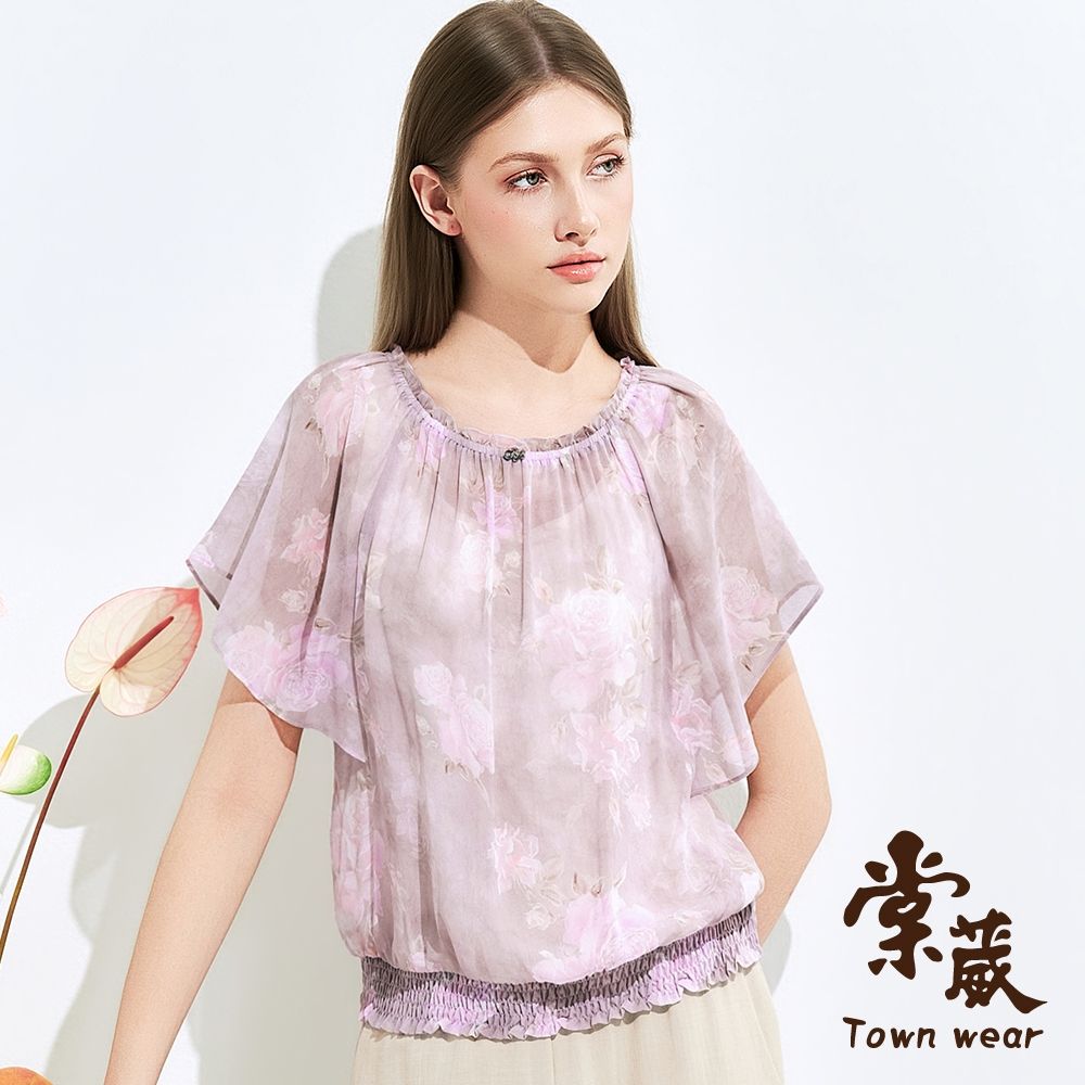 【TOWNWEAR棠葳】紫霧花漾彈性荷葉領上衣(中大尺碼/女上衣/女上著/荷葉/透膚/印花/雪紡) (紫色系)